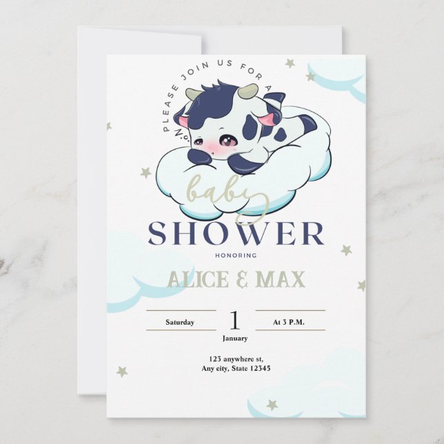 Invitation Bleu foncé gris Sleepy Vache Blanc Cloud Baby show (Devant)