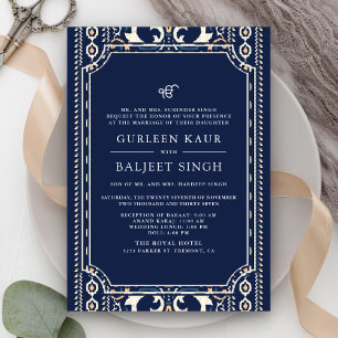 Invitation Bleu foncé Ikat Anand Karaj Sikh Mariage
