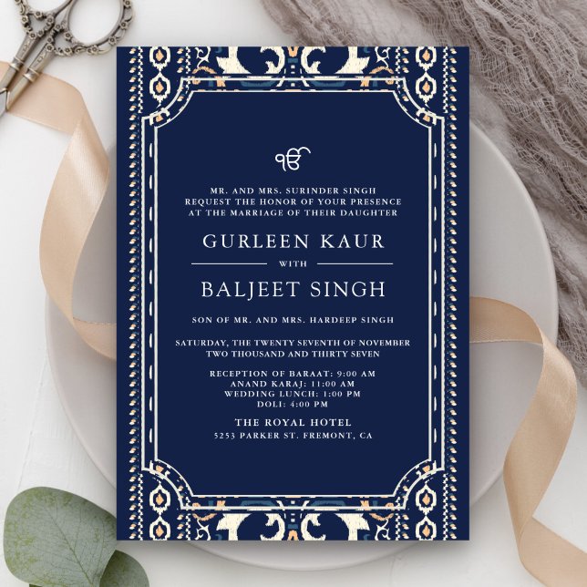Invitation Bleu foncé Ikat Anand Karaj Sikh Mariage (Créateur téléchargé)