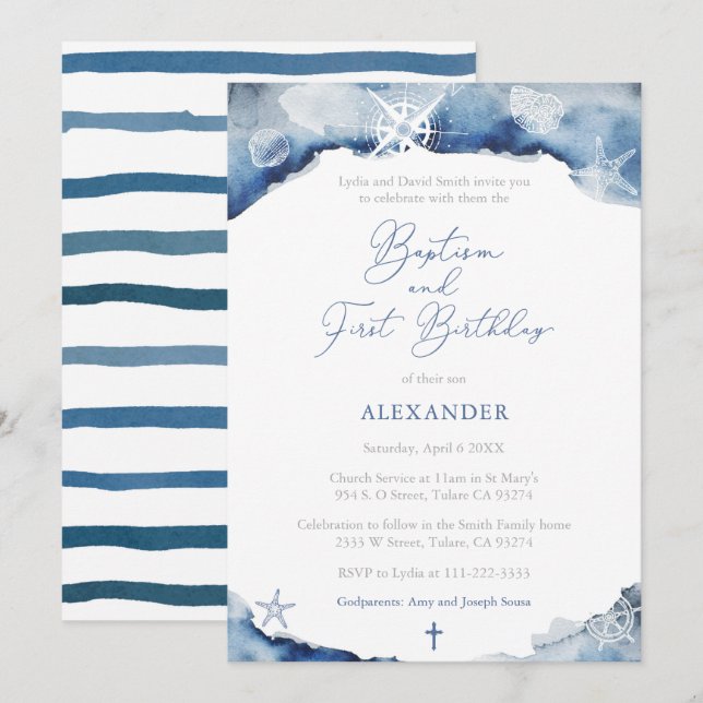 Invitation Bleu foncé Maritime Boy Baptême 1er anniversaire f (Devant / Derrière)