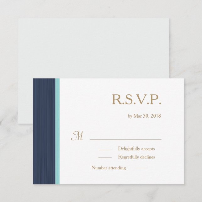 Invitation Bleu foncé or blanc subtil rayures mariage RSVP (Devant / Derrière)
