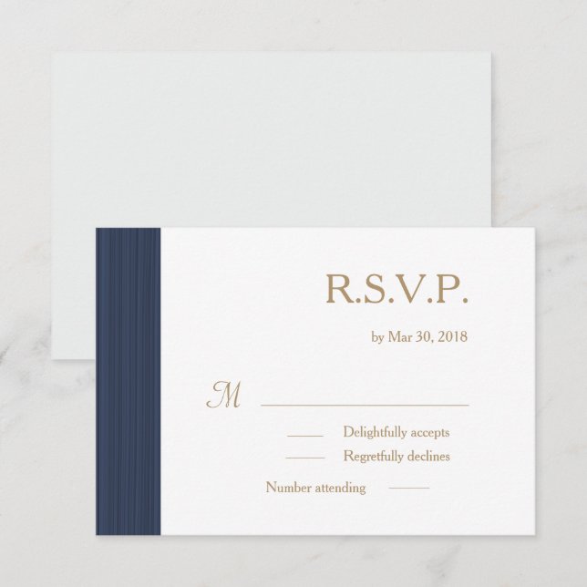 Invitation Bleu foncé or blanc subtil rayures mariage RSVP (Devant / Derrière)