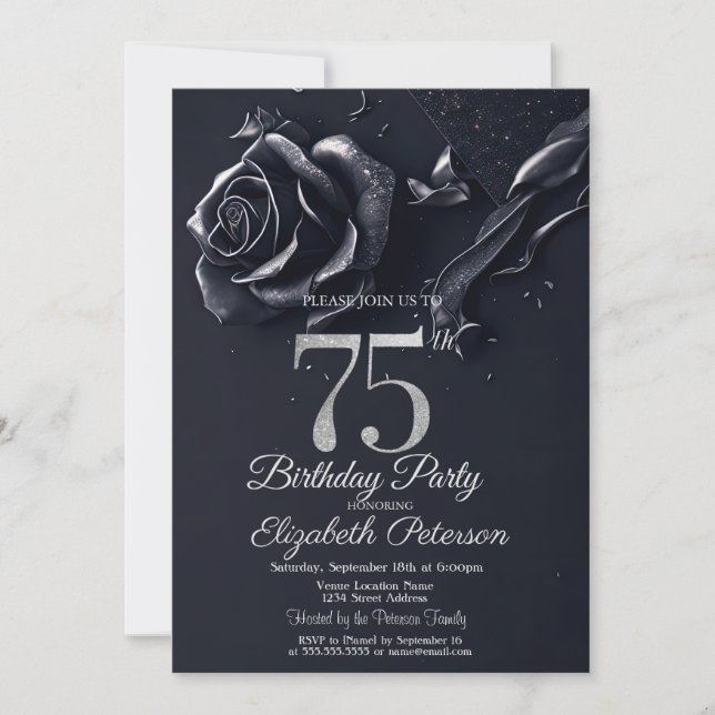 Invitation Bleu foncé Rose gothique 75e anniversaire (Devant)