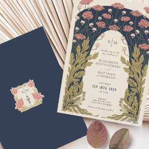 Invitation Bleu foncé rose Mariage Vintage Art Nouveau Floral