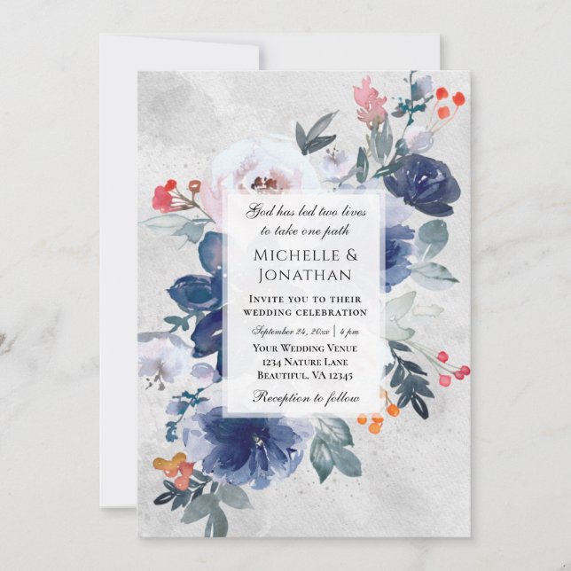 Invitation Bleu foncé rose rouge Floral Mariage chrétien (Devant)