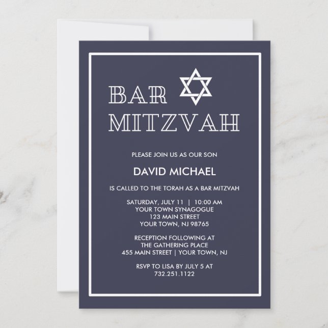 Invitation Bleu foncé simple et blanc Barreau Mitzvah (Devant)