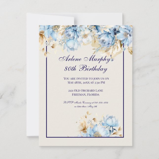 Invitation Bleu glacé et marine Floral Anniversaire (Devant)