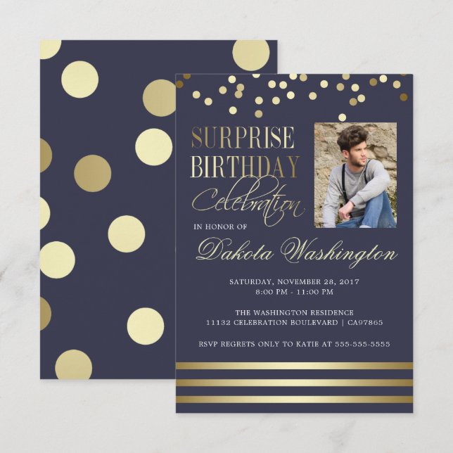 Invitation Bleu Gold Confetti Strike Photo Surprise Anniversa (Devant / Derrière)