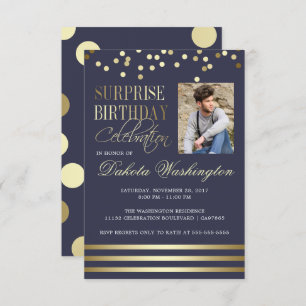 Invitation Bleu Gold Confetti Strike Photo Surprise Anniversa