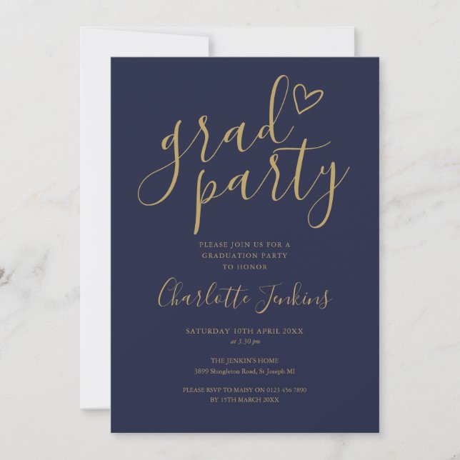Invitation Bleu Gold Grad Party Script Coeur Graduation Party (Devant)