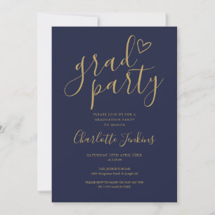 Invitation Bleu Gold Grad Party Script Coeur Graduation Party