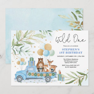 Invitation Bleu Gold Green Bois Wild Un 1er anniversaire