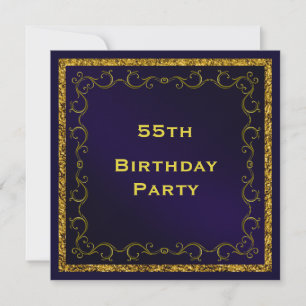 Invitation Bleu & Gold Man's Double Side 55th Birthday