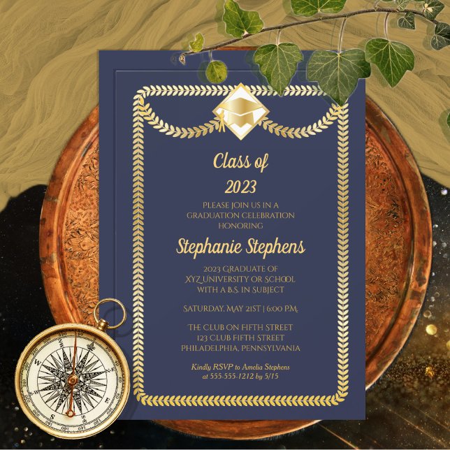 Invitation Bleu | Gold Serpentine Graduation Party (Créateur téléchargé)