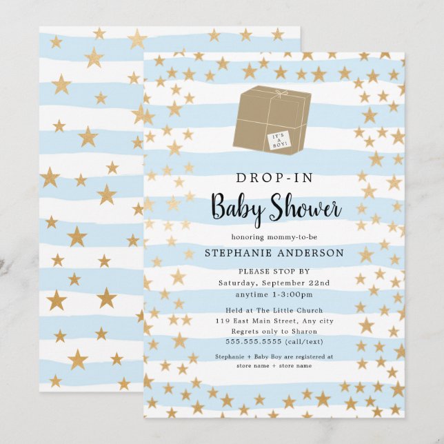 Invitation Bleu + Gold Star DROP-IN Baby shower garçon (Devant / Derrière)