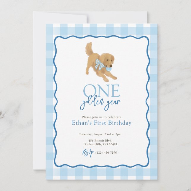 Invitation Bleu Golden Retriever Golden Année Premier anniver (Devant)