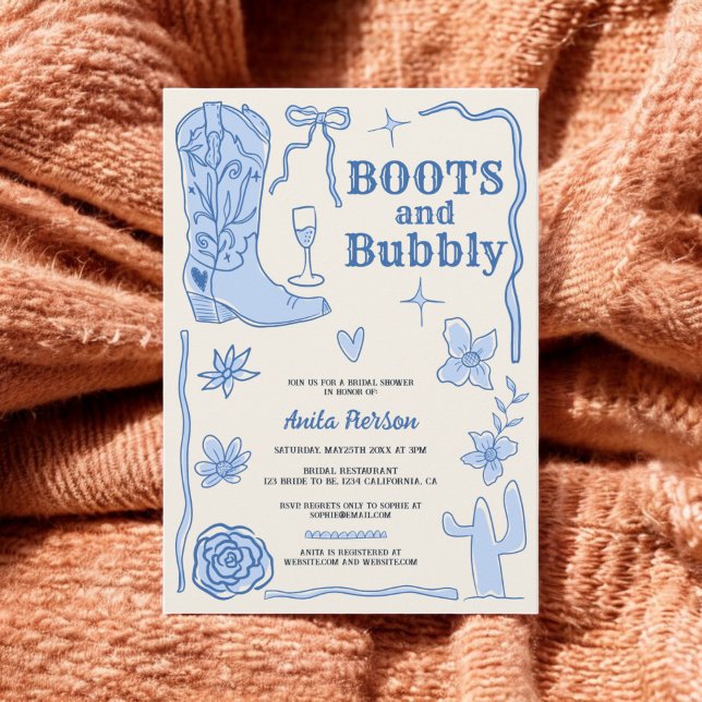 Invitation Bleu gribouillis bottes bulle nuptiale douche (Blue scribbles boots bubbly bridal shower invitation)