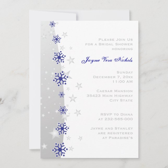 Invitation Bleu, gris argenté flocons mariage douche nuptiale (Devant)