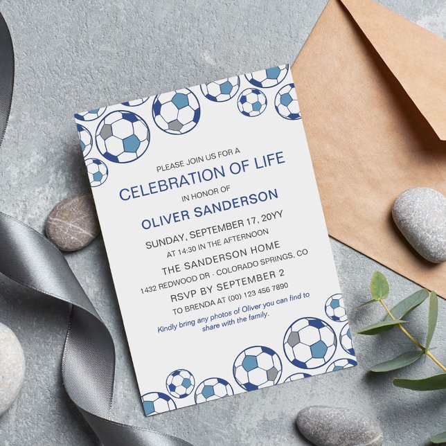 Invitation Bleu gris balle de soccer fête de la vie (Créateur téléchargé)