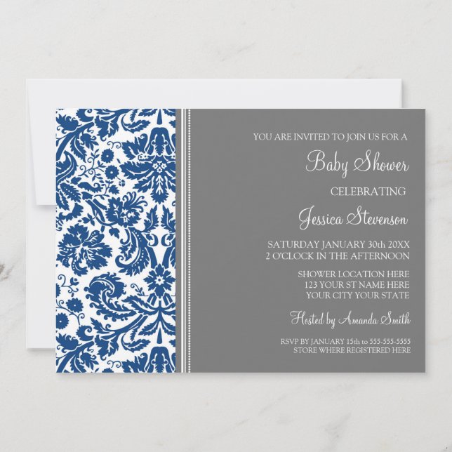 Invitation Bleu gris Damas Personnalisé Bébé Shower Invitatio (Dos)