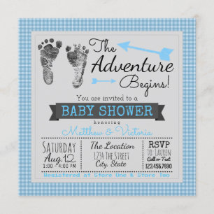Invitation Bleu Gris L'Aventure Commence Garçon Baby Shower