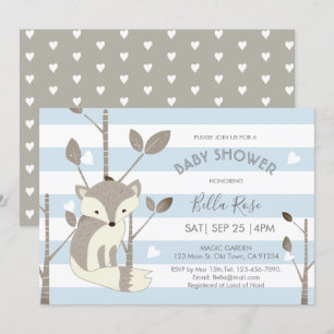 Invitation Bleu gris rayures Fox Baby shower de coeur