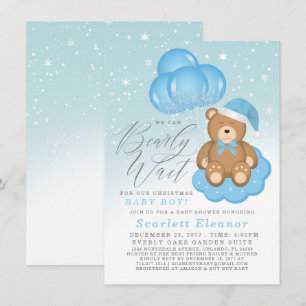 Invitation Bleu hiver Sleepy Bear Balloons Baby shower garçon