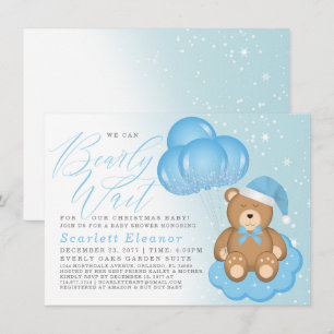 Invitation Bleu hiver Sleepy Bear Balloons Baby shower garçon