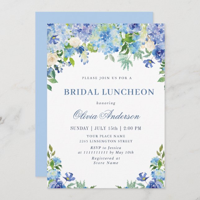 Invitation Bleu Hydrangea Verdure Aquarelle Bridal Déjeuner (Devant / Derrière)