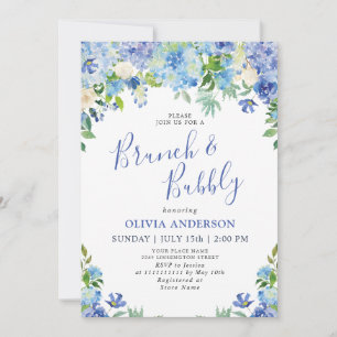 Invitation Bleu Hydrangée Verdure Aquarelle Brunch & Bubbly
