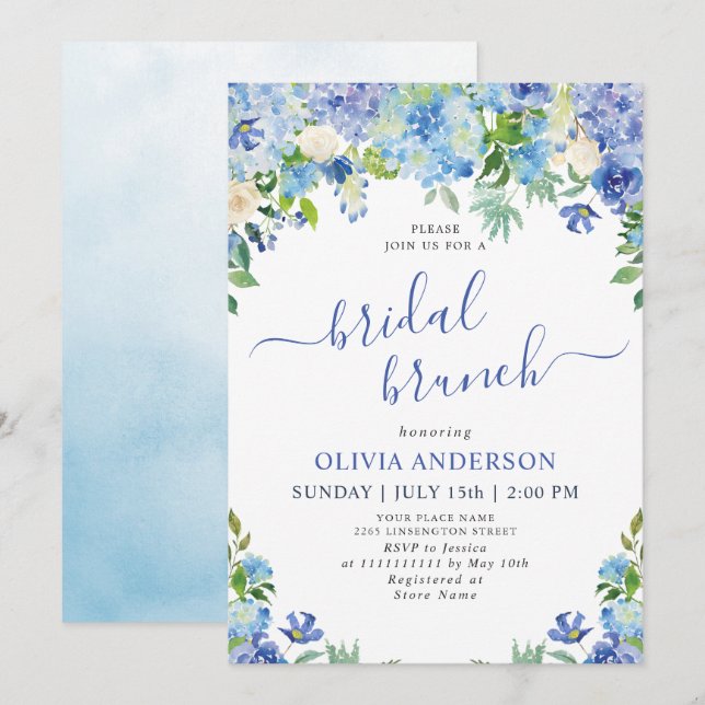 Invitation Bleu Hydrangée Verdure Aquarelle Brunch nuptial (Devant / Derrière)
