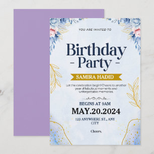 Invitation Bleu Illustration Floral Anniversaire
