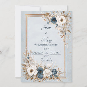 Invitation Bleu Indigo Blanc Or Floral Élégant Hiver