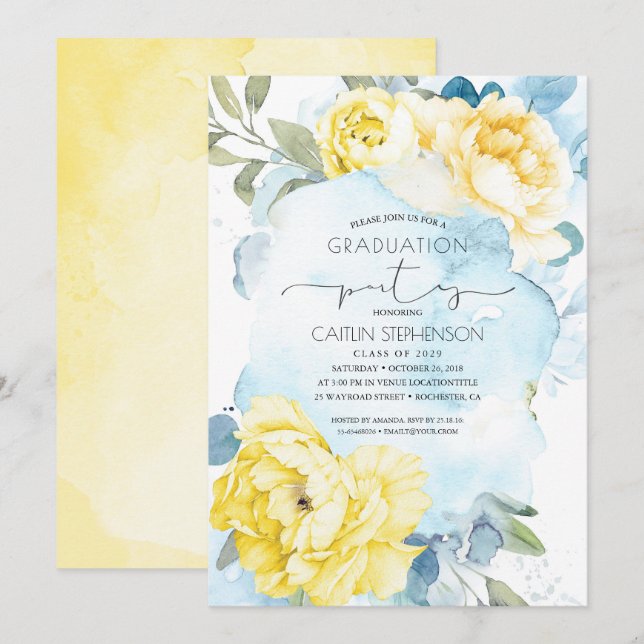 Invitation Bleu jaune et bleu poussiéreux Graduation Florale (Devant / Derrière)