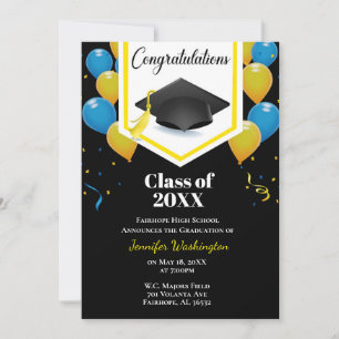 Invitation Bleu jaune et noir confetti graduation
