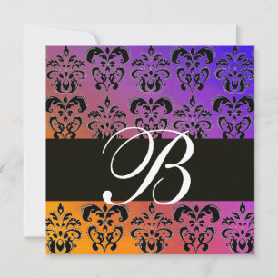 Invitation BLEU JAUNE PURPLE BLACK DAMASK MONOGRAM, blanc