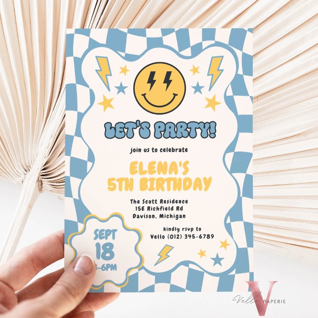 Invitation Bleu Jaune Super Sourire À damiers Rétro Anniversa (Créateur téléchargé)