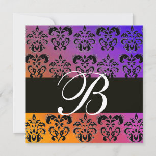 Invitation BLEU JAUNE VIOLET NOIR DAMAS MONOGRAMME, blanc