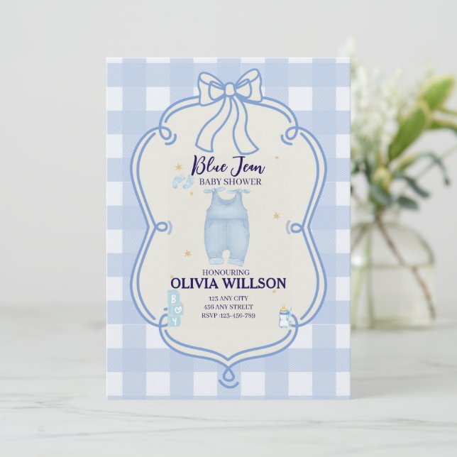 Invitation Bleu jean bébé Denim Pays baby shower ouest (Debout devant)