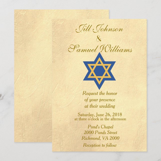 Invitation Bleu juif et étoile d'or de David Mariage (Devant / Derrière)