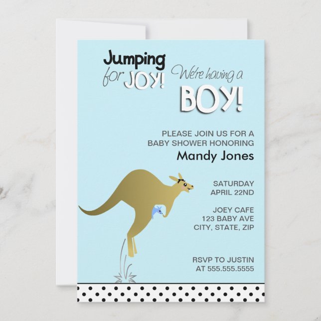 Invitation Bleu Kangaroo Saut pour Joy Boy baby shower (Devant)