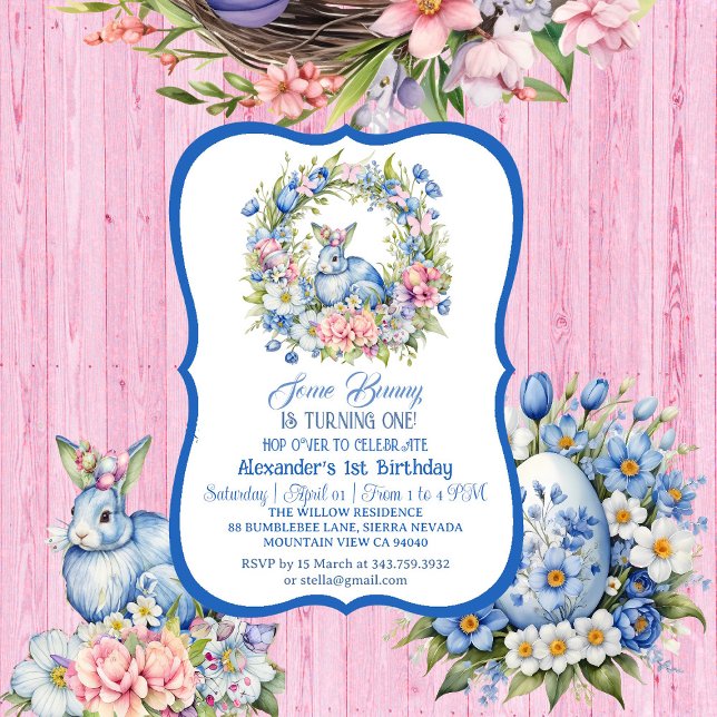 Invitation Bleu Lapin Pâques Rose Floral Wreath 1er Anniversa (Blue Easter Bunny Pink Floral Wreath 1st Birthday Invitation)