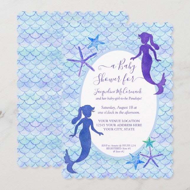 Invitation Bleu Lavande Sirène Aquarelle Bébé Fille Douche (Devant / Derrière)