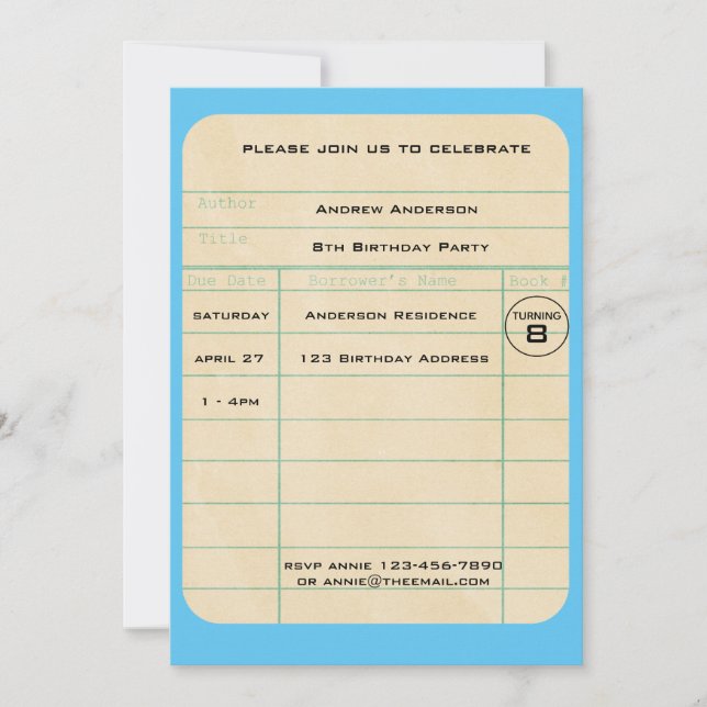 Invitation Bleu Library Card Anniversaire (Devant)