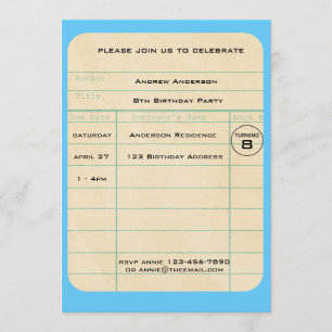 Invitation Bleu Library Card Anniversaire