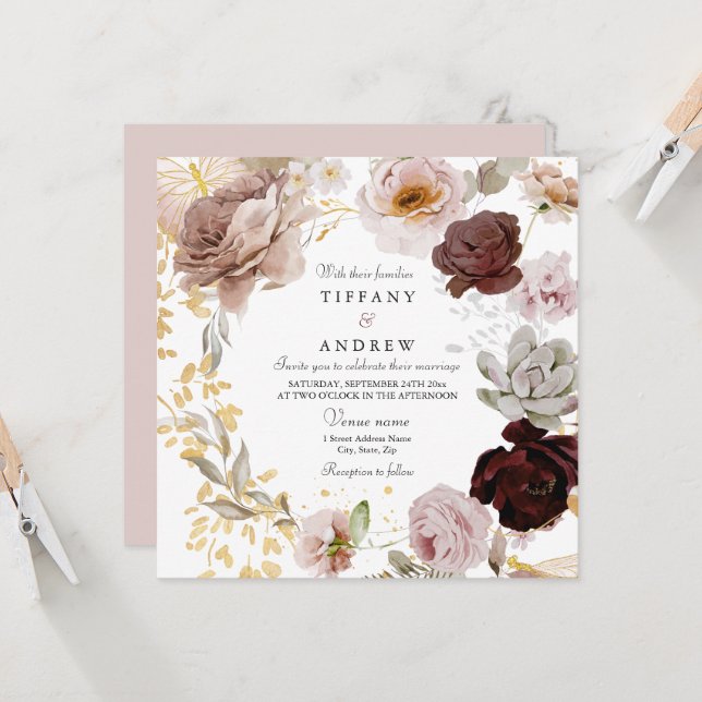 Invitation Bleu magnifique et Rose aquarelle Mariage Floral (Devant/Arrière en situation)