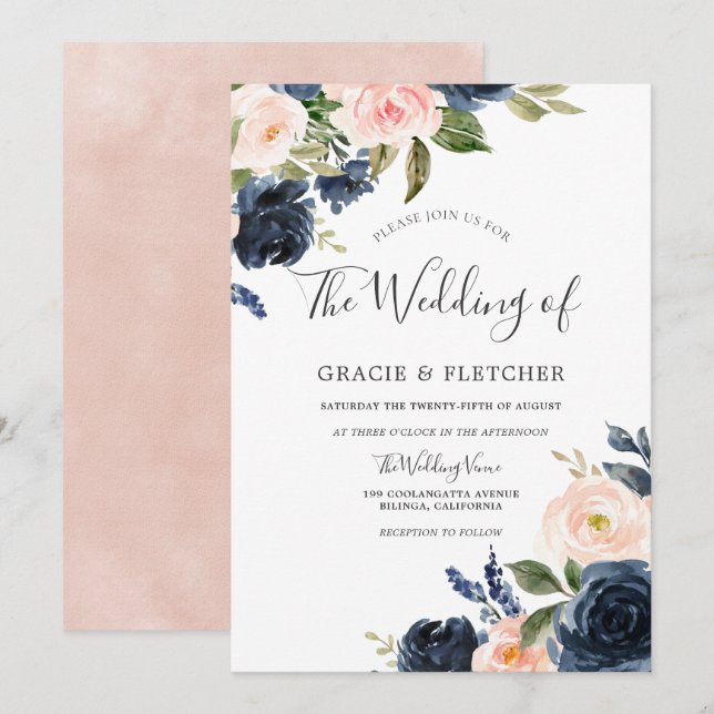 Invitation Bleu magnifique & Fleurs de marine Mariage élégant (Devant / Derrière)