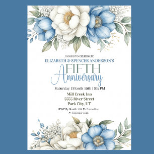 Invitation Bleu Magnolia et Pivoine 5e Anniversaire de Mariag