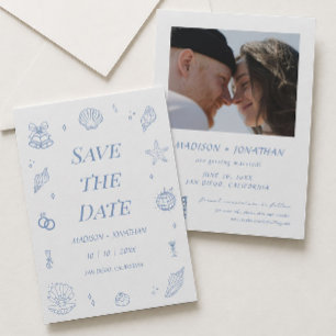 Invitation Bleu Main tiré mariage côtier Enregistrer la date