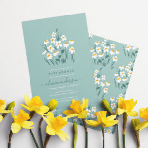 Invitation Bleu marguerite floral élégant baby shower